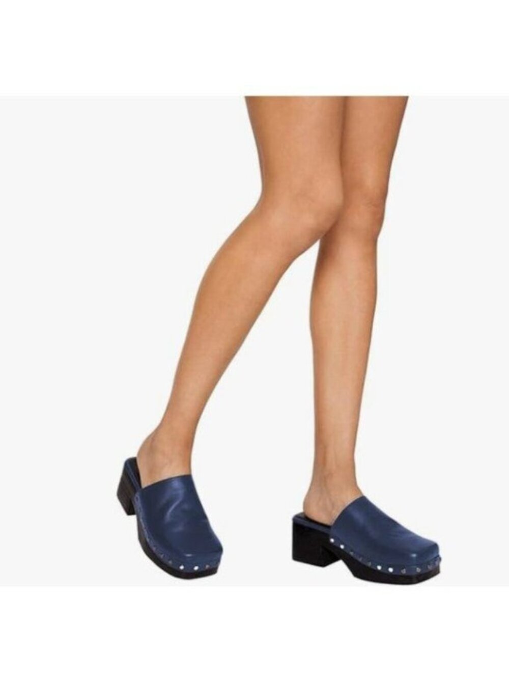 FOWT Navy Square Toe Slip on Muels Rivet Studded Chunky Heel Slippers Beach Shoe
